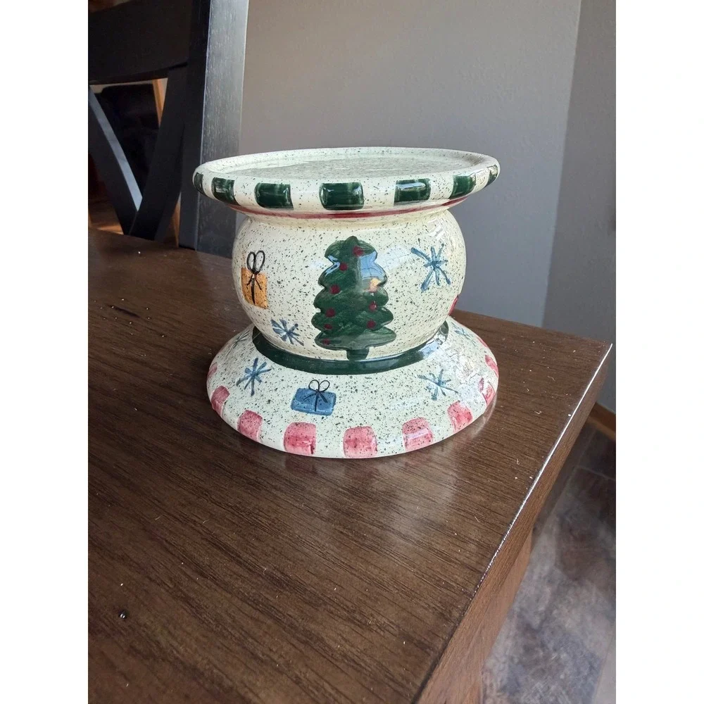 Set of 3 Christmas Ceramic Pillar Candle Holders Snowman Angel Tree Holiday
